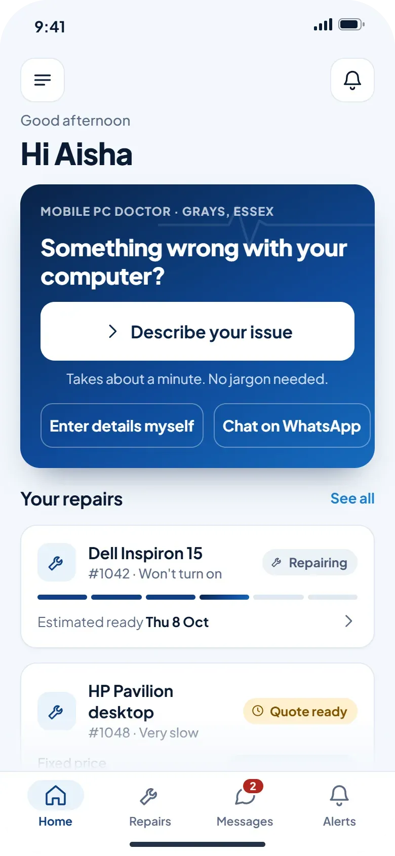 App screen: Start a repair