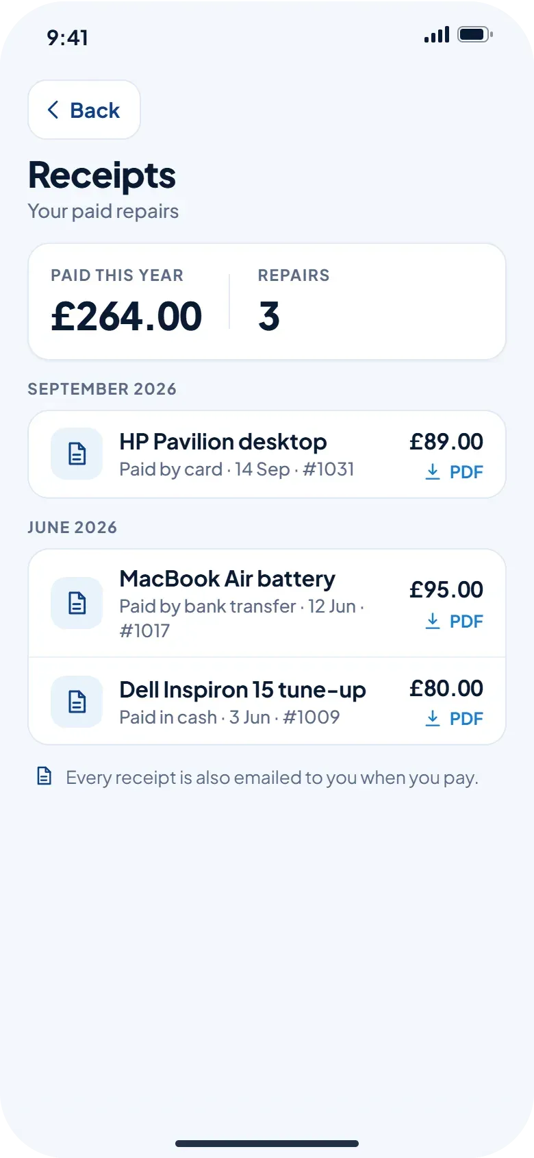 App screen: Keep receipts